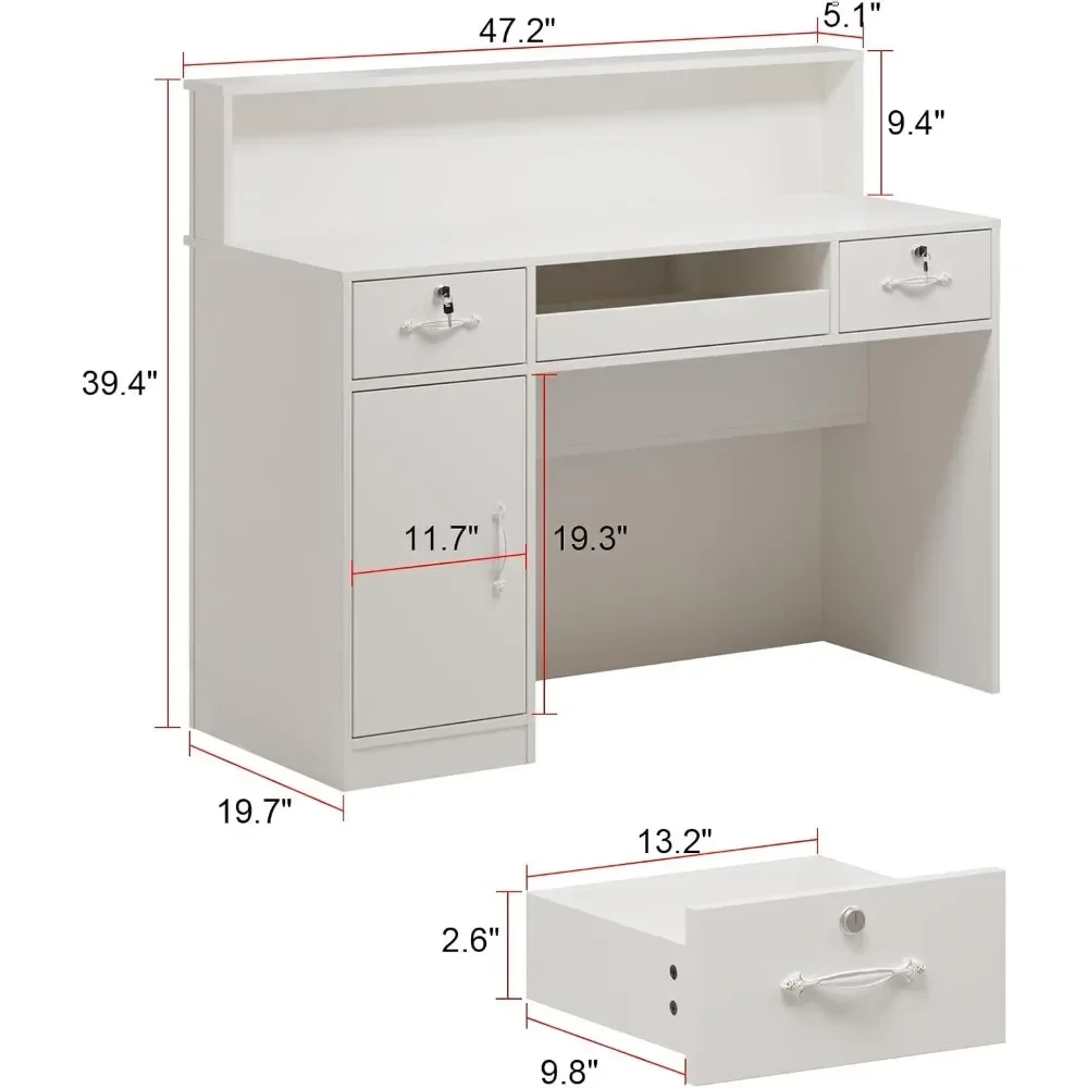 Reception Desk with Light, Display Shelf & Lockable Drawers, Office Desk Reception Counter Table with Keyboard Tray and Door