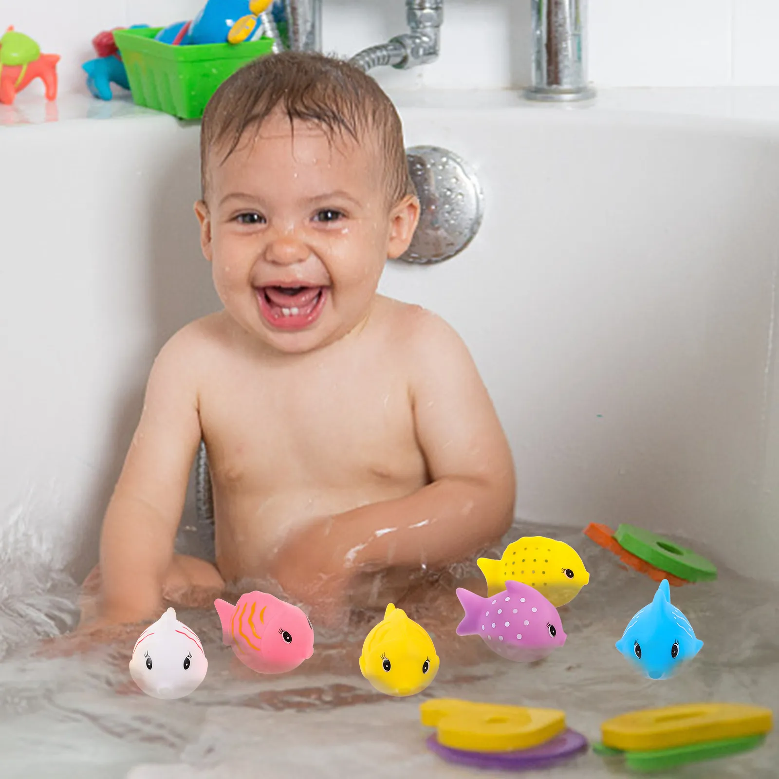 Set di 6 Giocattoli Galleggianti in Vinile a Forma di Pesce per il Bagnetto, Essenziali per Neonati, con Simpatici Motivi Animali, Colori Vivaci, Spremibili e Sonori