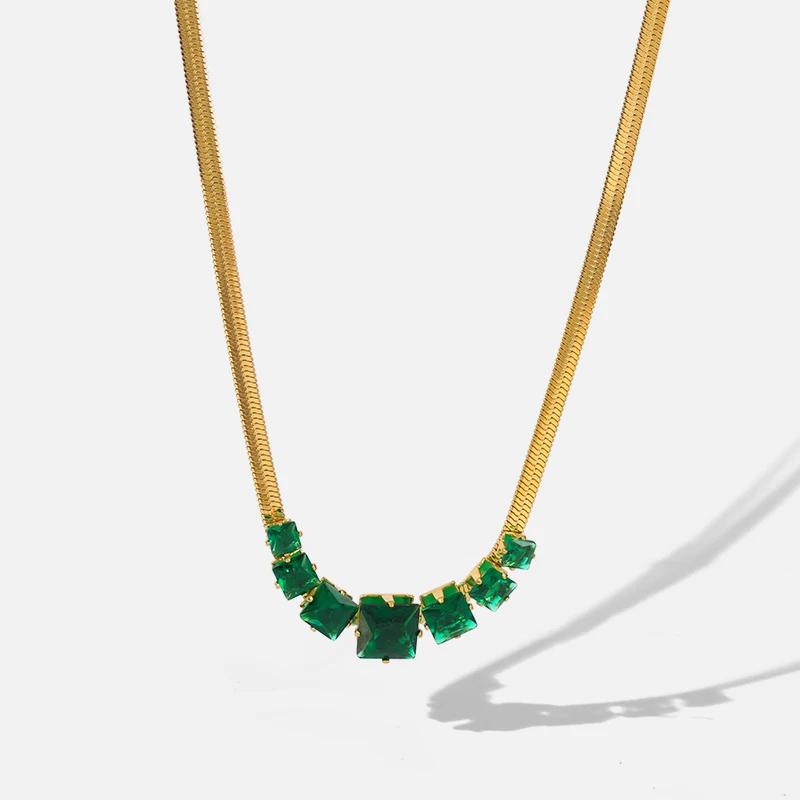 Leilileck-女性用ジルコンネックレス,ステンレス鋼,グリーンクリスタル,ゴールドカラー,スネークチェーン,高品質,316l