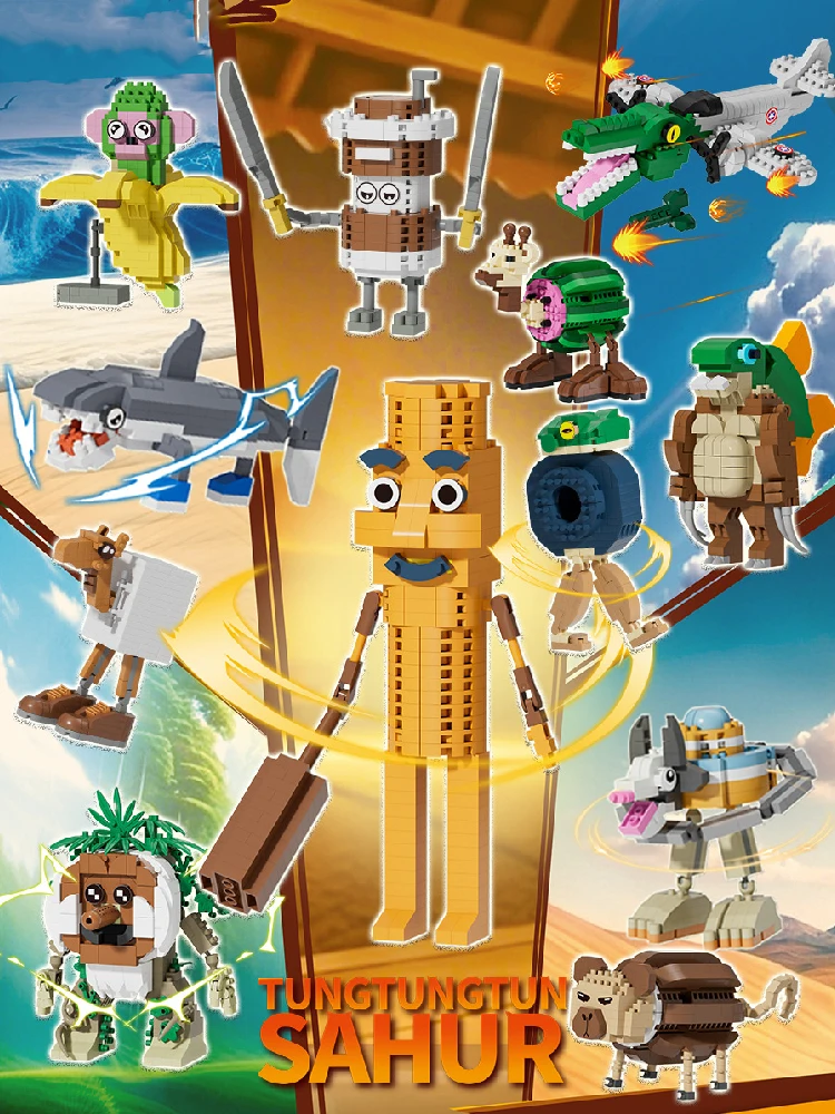 Jouet de bloc Tralalero Tralala, Tung Tung Sahur,Tungtung Sahur ‌ Blocs de construction de modèle de personnage de dessin animé, jouet pour enfants