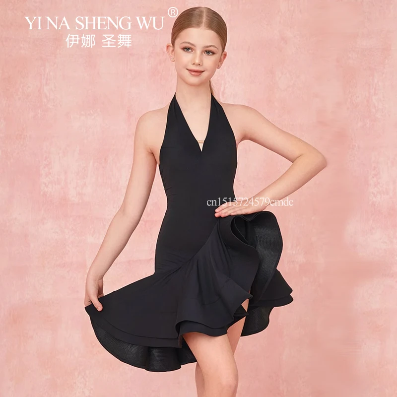 

Girls Latin Dance Neck Hanging Dress Fish Bone Skirt Professional Latin Dance Rumba Cha-cha Competition Practice Burgundy Dress