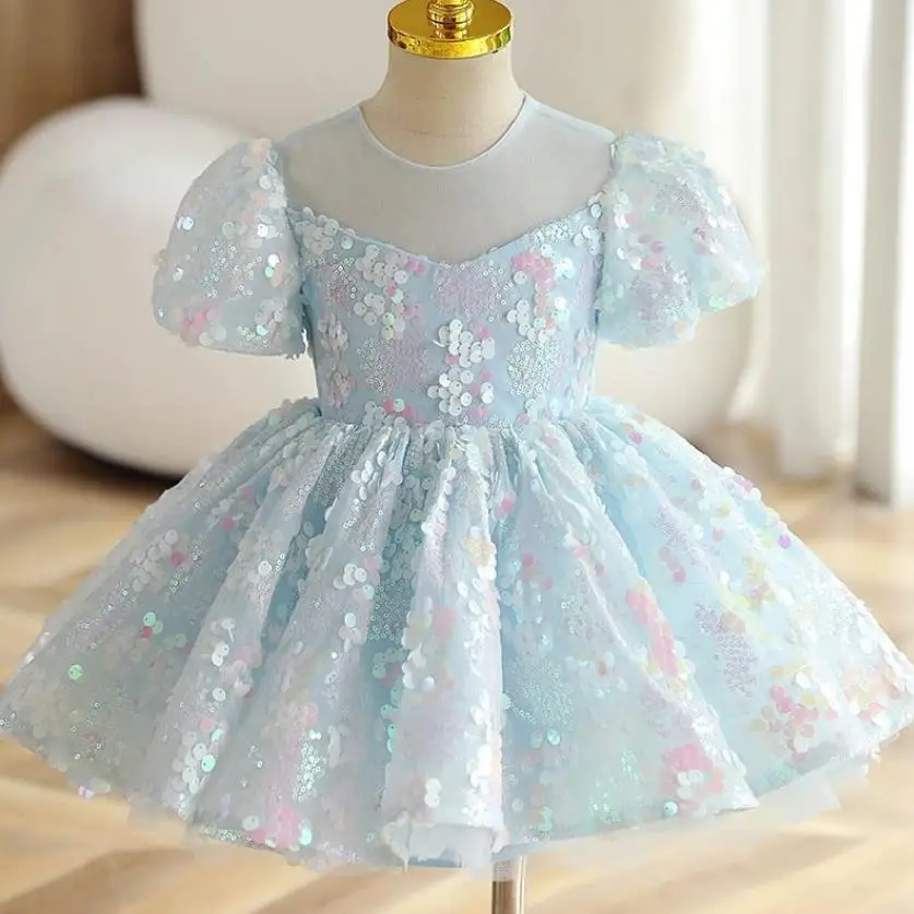 

2024 Children's Sequins Evening Gown Bow Puff Sleeve Design Kids Catwalk Wedding Birthday Baptism Eid Party Girls Dresses A3593