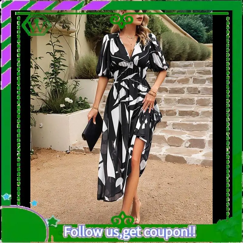 A18P-Damskie letnie sukienki 2025 Casual Puff Short Sleeve V Neck Floral Boho Maxi Dress