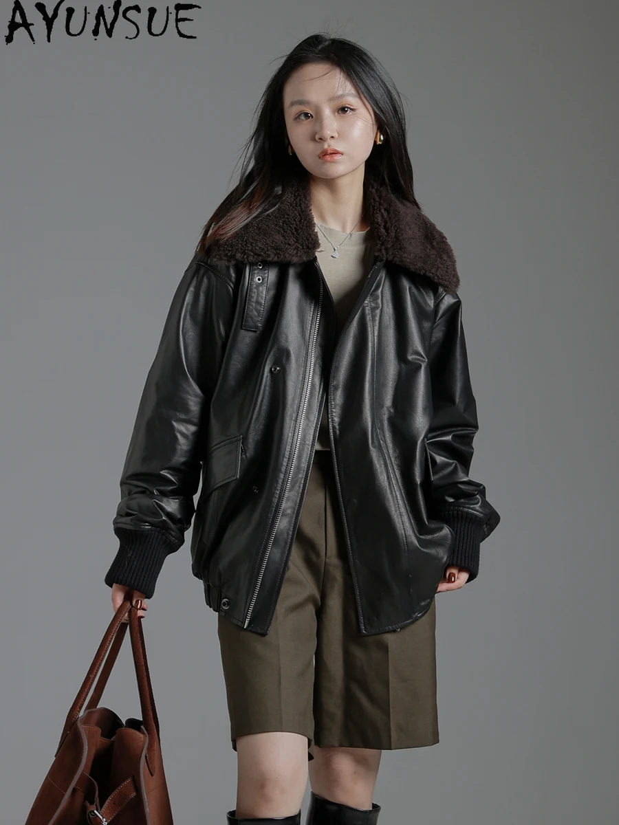 AYUNSUE Giacca in vera pelle Donna Autunno Inverno Vestiti 2025 Aggiungi cotone Genuino cappotto di pelle di pecora Donna di media lunghezza Jaqueta De Couro