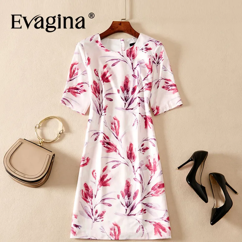 

Evagina Fashion Design Spring Summer Women's O-Neck Short-Sleeved Pretty Print High Street Pink A-Line Mini Dresses