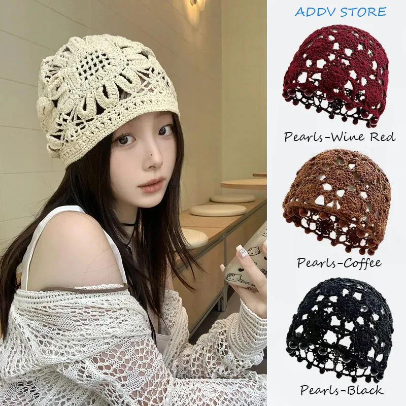 

Korea Old Fashion Hollow Fringed Pearl Flower Knitted Pullover Hat Women Spring Autumn Ethnic Style Breathable Beanie Cap Gorras