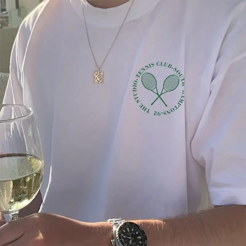 الأمريكية الرجعية القطن الخالص عارضة تشغيل تي شيرت رياضي لعب التنس جديد تي شيرت إلكتروني الطباعة الرجال