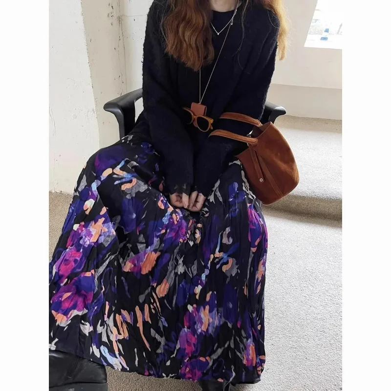 

Vintage Floral Pleated High Waisted Printed Skirt Temperament Jupe Faldas Vintage Long Skirts For Women Harajuku Goth Skirt