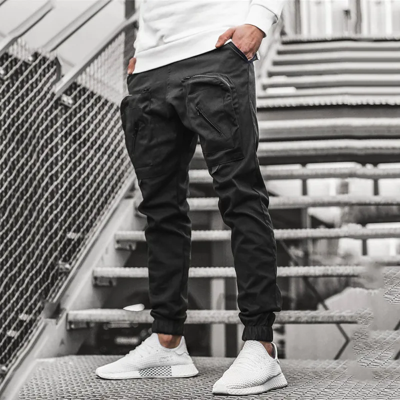 Pantaloni Cargo Skinny da uomo Casual in tinta unita con tasche in vita con coulisse alla caviglia