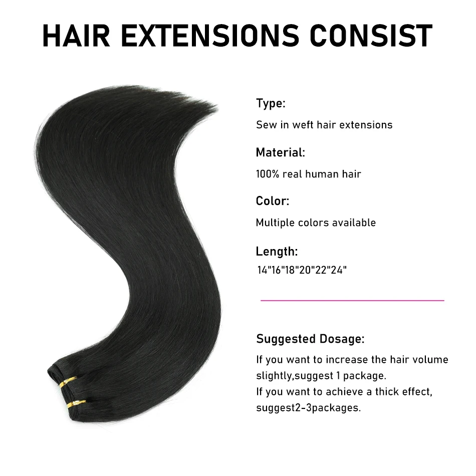 SMATE Weft Human Hair Extensions 100% Human Hair Extensions Sew In Hair Extensions Straight Remy Hair 16-22 Inches Natural Black