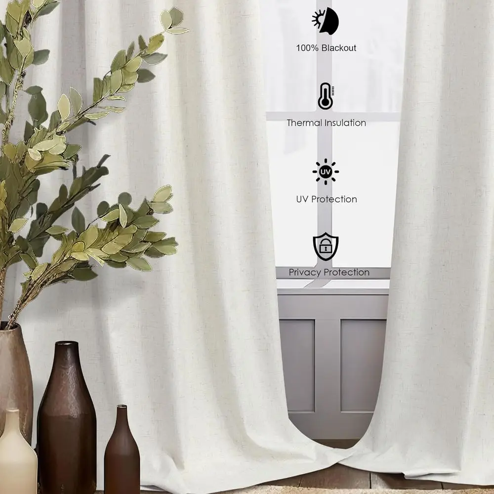 8 Fuß neutrale Vorhänge aus cremefarbener Leinenmischung mit Rückenlehne – 96 lang, raumverdunkelnd, wärmeisoliert, für Schlafzimmer und Wohnzimmer