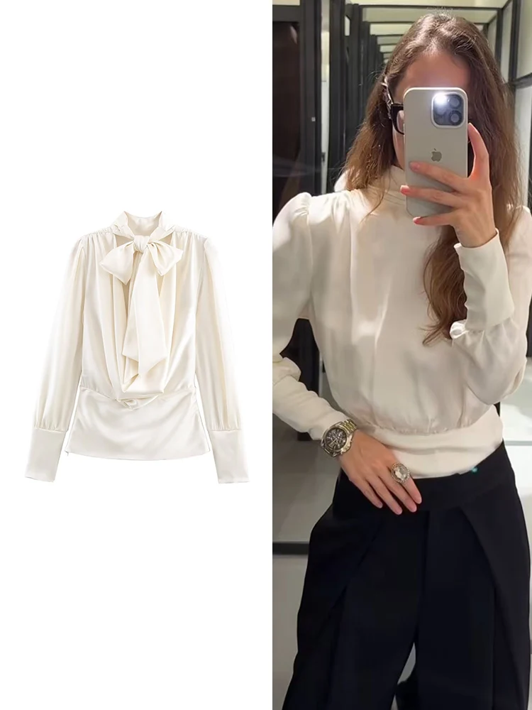 

Autumn New Women's Solid Color Blouse Sexy Open Back Bow Collar Satin Shirt Casual Comfortable Long Sleeved Elegant Ladies Top