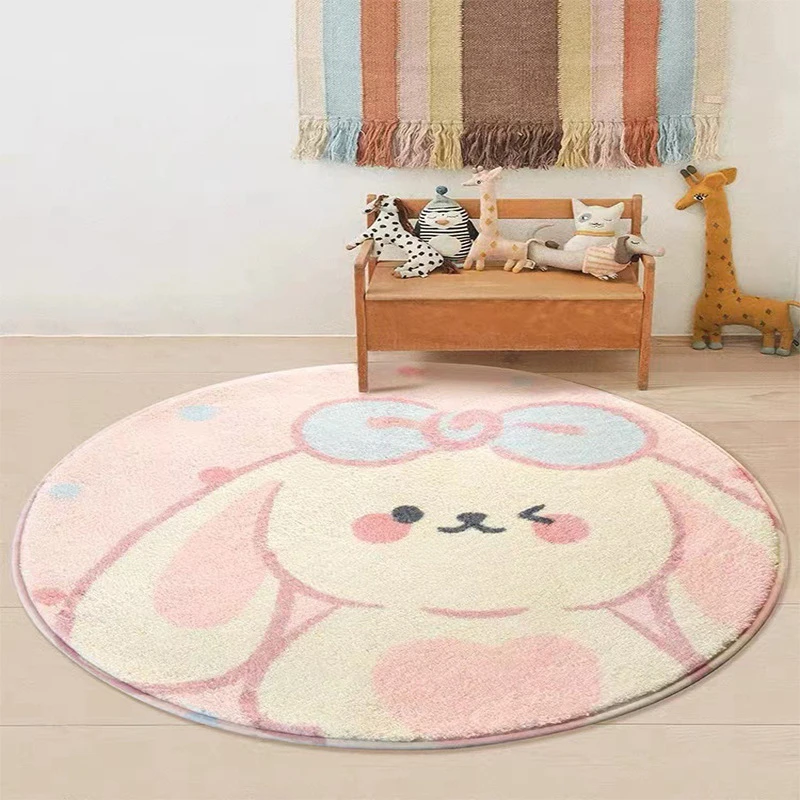 Cute Rabbit Round Rug Soft Fluffy Plush Carpets Bedroom Decor Bedside Carpet Simplicity Living Room Rugs Washable Non-slip Mats