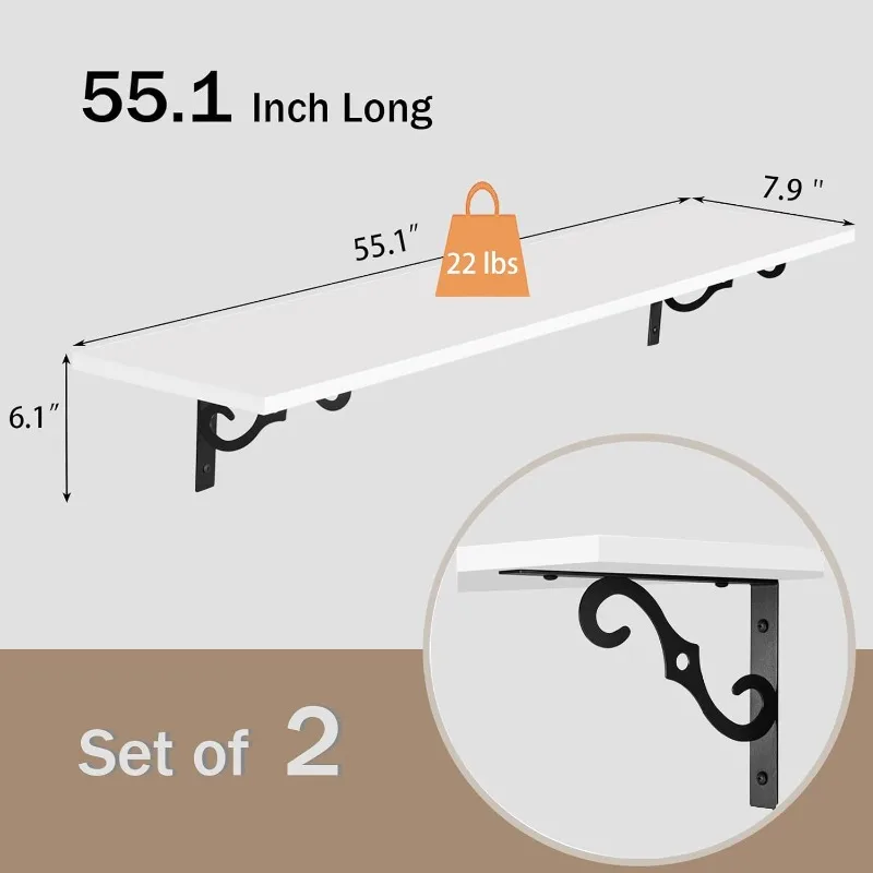 

Длинные настенные полки, набор из 55,1-дюймовых больших плавающих полок, широкая полка для дисплея, настенная с кронштейнами, легко подвешивается