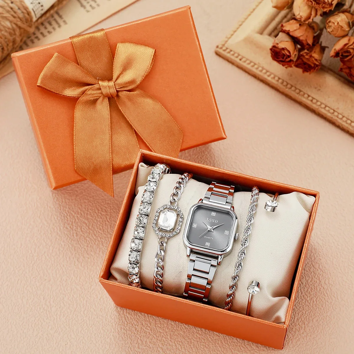 

Стильные простые элегантные кварцевые часы с квадратным циферблатом и бриллиантовым браслетом, набор из 5 предметов для подарков на День Благодарения и Рождество