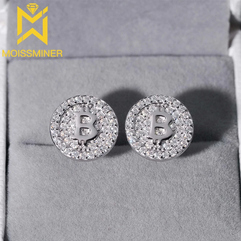 

12mm Bitcoin S925 Silver Moissanite Triple Sta Earrings Iced Out For Men Women Hip Hop Jewelry Pass Diamonds Tester With GRA