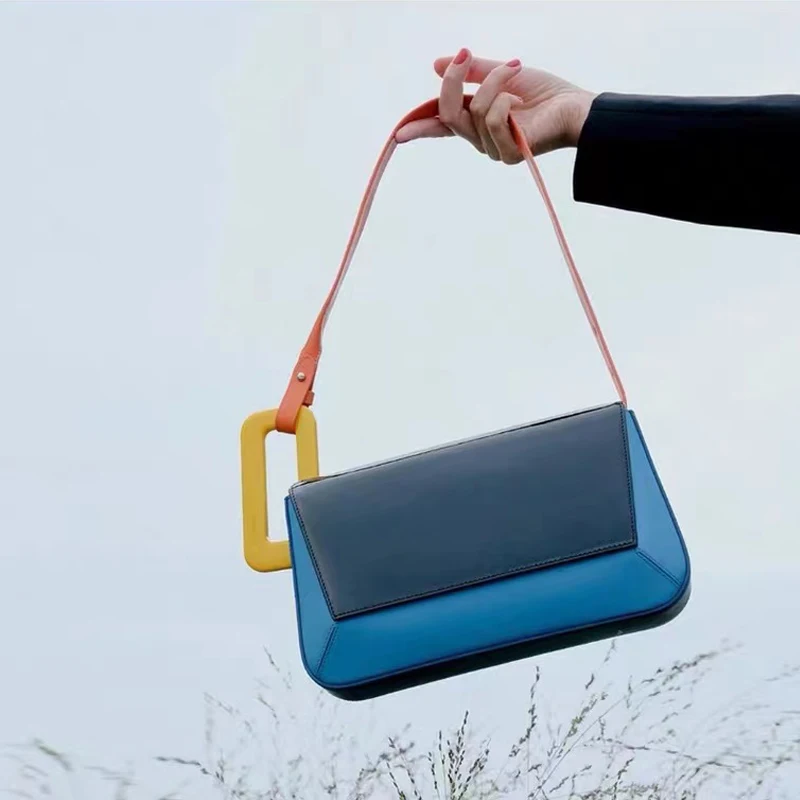 New Contrast Stitching Female Designer Handbags Long Panelled Flap Luxury Acrylic Shoulder Fashionable Purses Clutch Party Bag