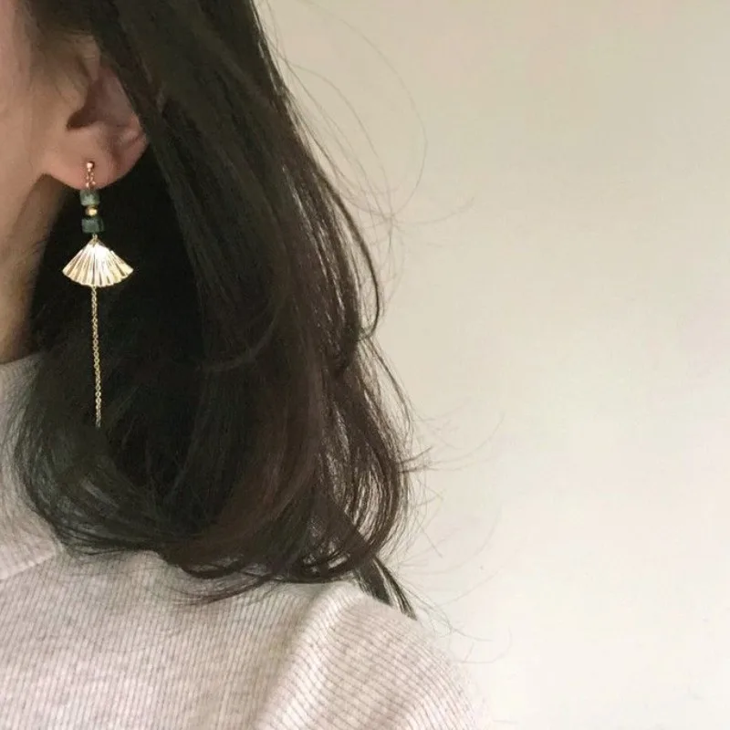 Boucles d'oreilles carrées vertes dégradées vintage pour femmes, boucles d'oreilles en éventail brillant, glands de haute qualité, bijoux élégants, goutte tendance de la mode