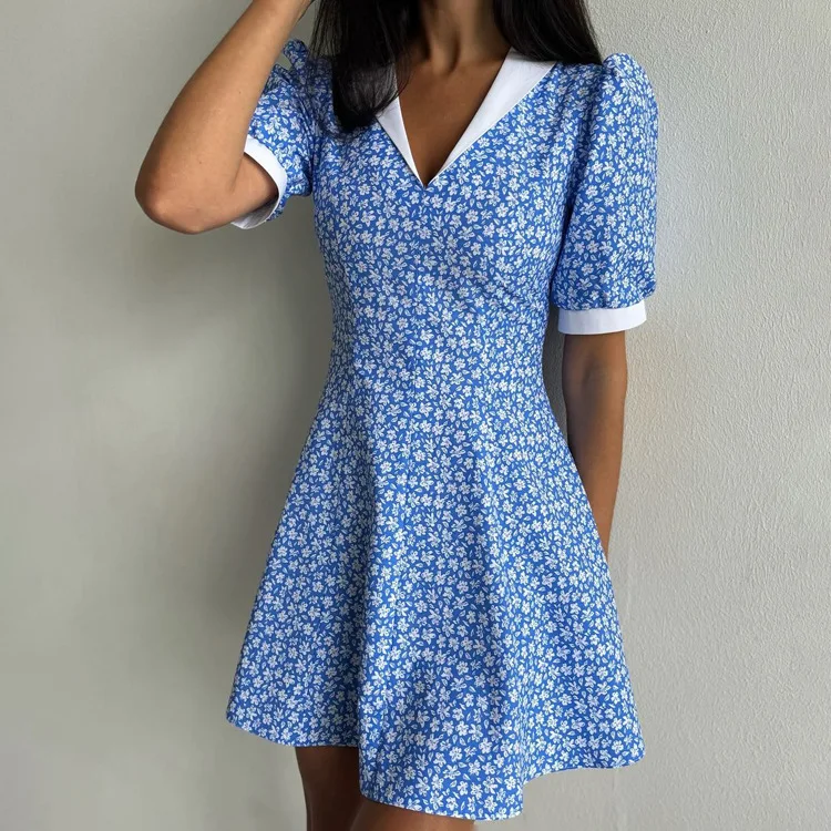 

Elegant Temperament A-line Short Sleeved Dress for Women in Summer 2025, New High Waisted Blue Floral Dress