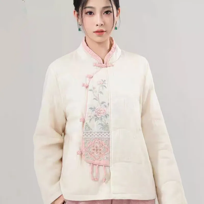 

High-End Chinese Style Stand Collar Slanting Button Linen Embroidered Thickened Cotton Ethnic Style Women's Cotton Jacket