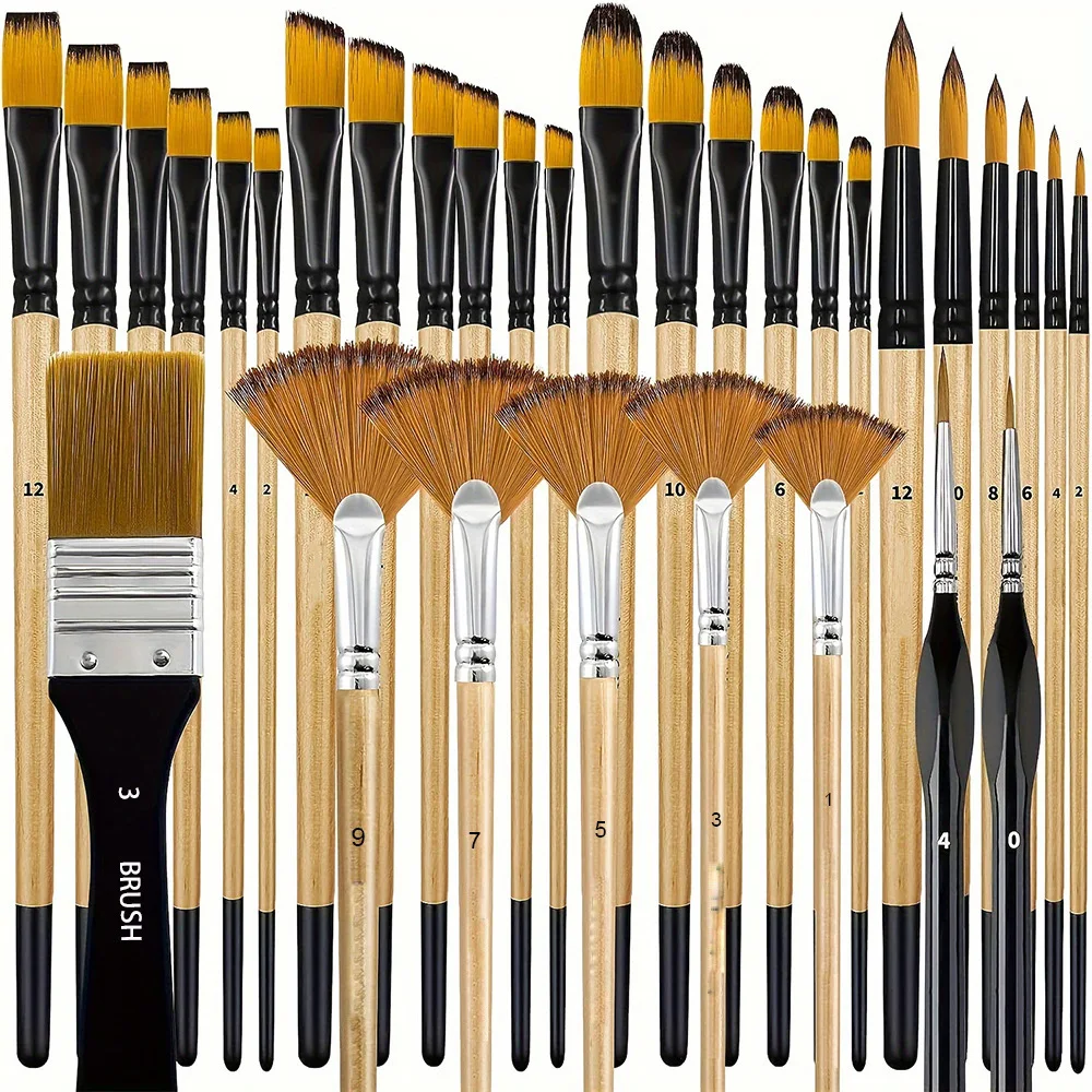 

32Pcs Wooden Nylon Hair Paint Brushes Set, Professional Art Painting Kit for Acrylic Watercolor Gouache Oil, Ideal for Canvas Fa