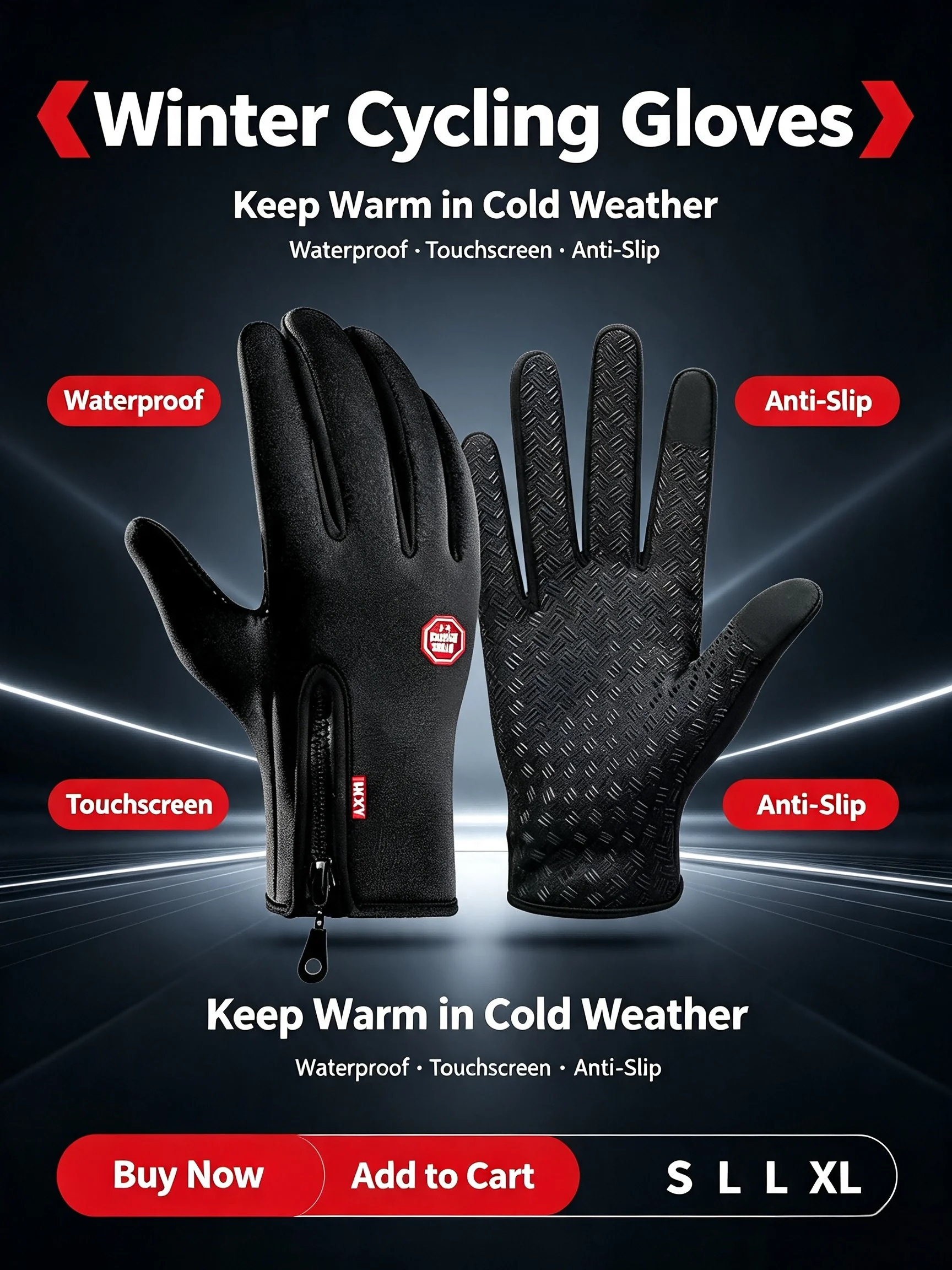 Warm Fleece Lined Winter Gloves Touchscreen Compatible Water Resistant Windproof Zip Closure Wrist Non Slip Palm Full Finger Sports Gloves for Cycling Motorbike Jogging Skiing Unisex