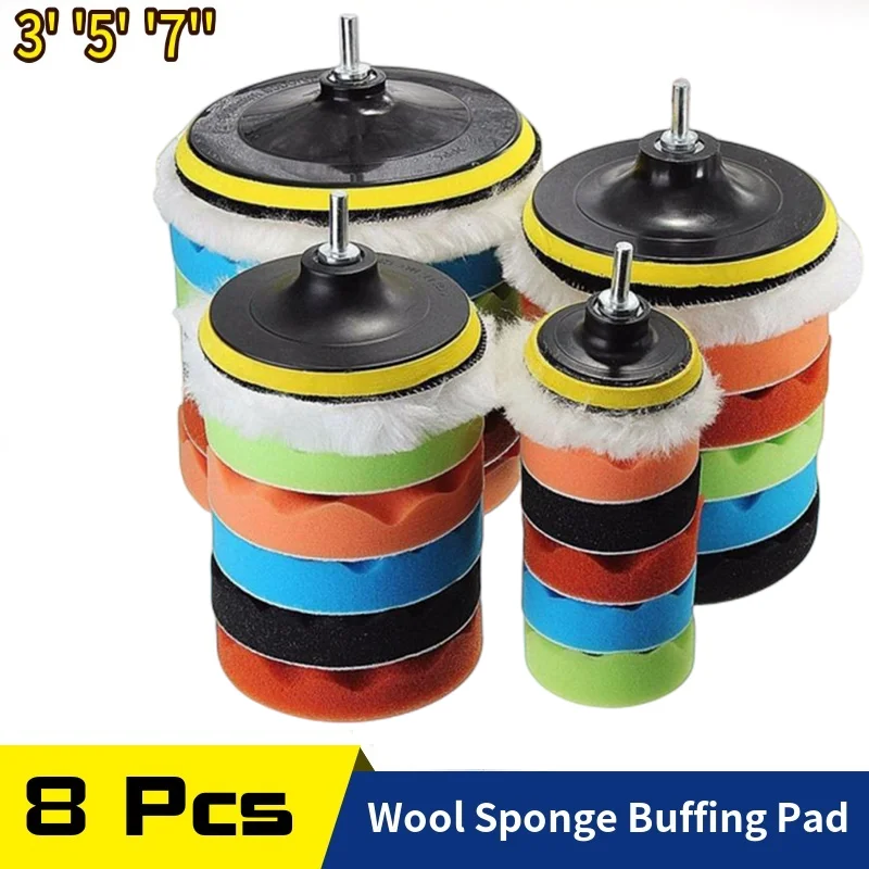 8Pcs Buffing Pad Set Thread 3/5/7inch Auto Car Repair Polishing pad Kit for Car Polisher+Drill Adaptor Power Tools accessories