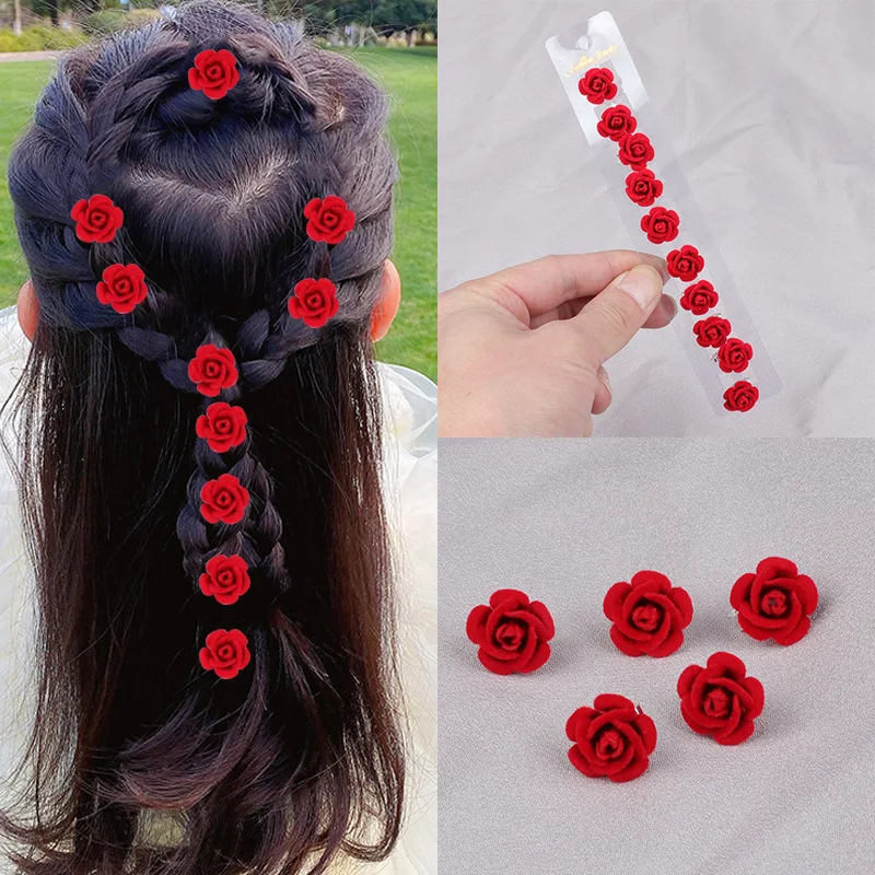 10pcs Red Rose Blossom Small Hair Clip Girl's Weaving Style Bean Clip Bridal Wedding Headwear