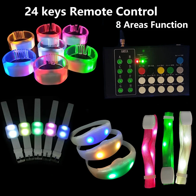 100/500/1000pcs LED Silicone TPU Bracelets With 24Keys 8 Area 400 Meters 433.92MHz Remote Control Wristbands For Kids and Adults