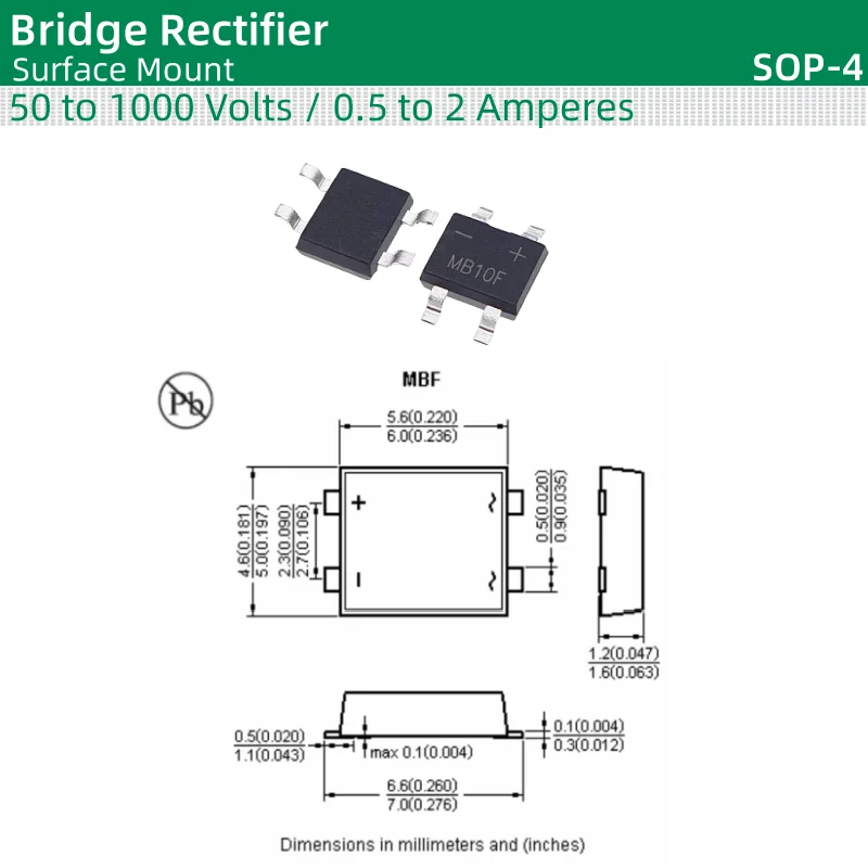 50pcs/lot Bridge Rectifier SOP-4 package MB05F MB1F MB2F MB4F MB6F MB8F MB10F MB24F MB26F 50 to 1000 Volts / 0.5 to 2 Amperes