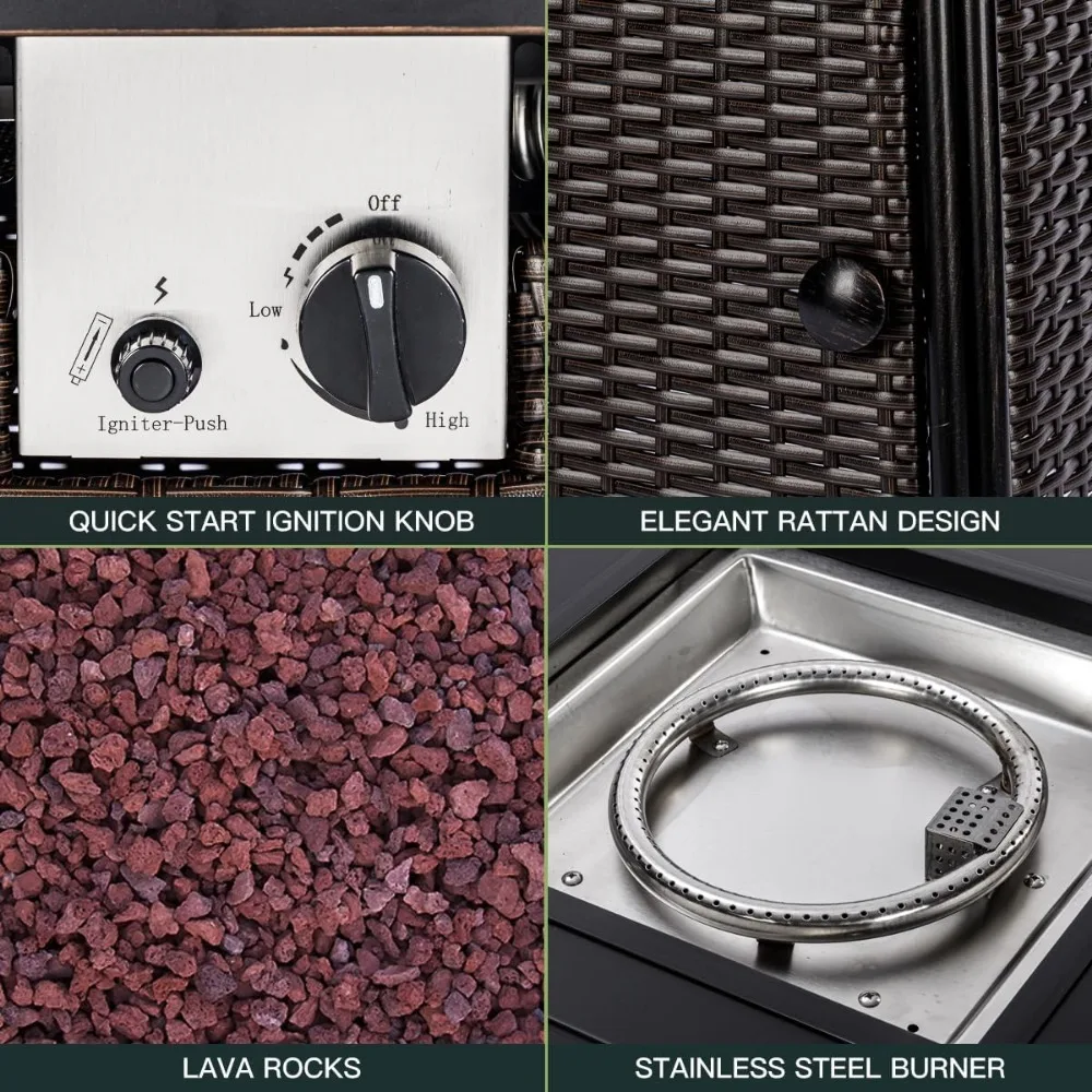 Table de foyer au propane en rotin marron de 28 pouces avec couvercle et roches de lave, 50 000 BTU pour jardin et cour extérieures
