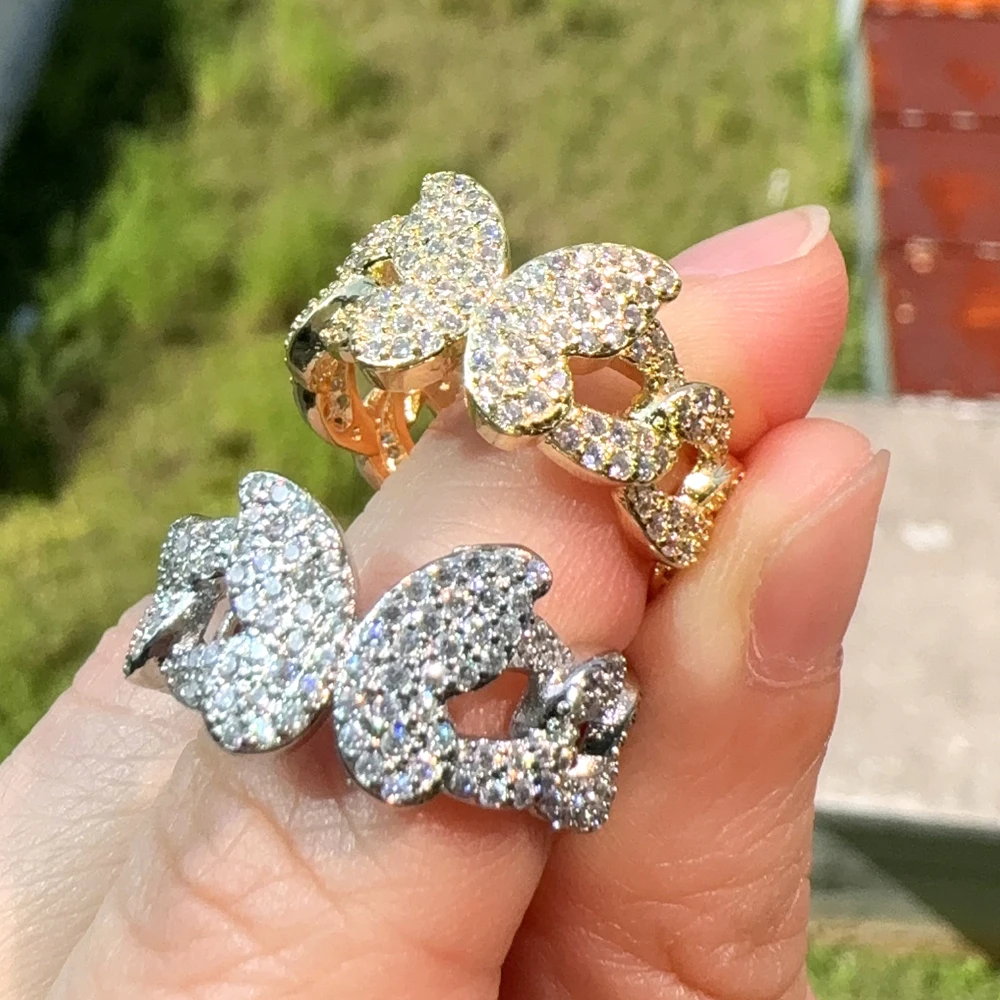 

Iced Out Bling Sparking 5a Cubic Zirconia Butterfly Charm Cuban Link Chain Finger Ring for Women Girl Fashion Wedding Jewelry