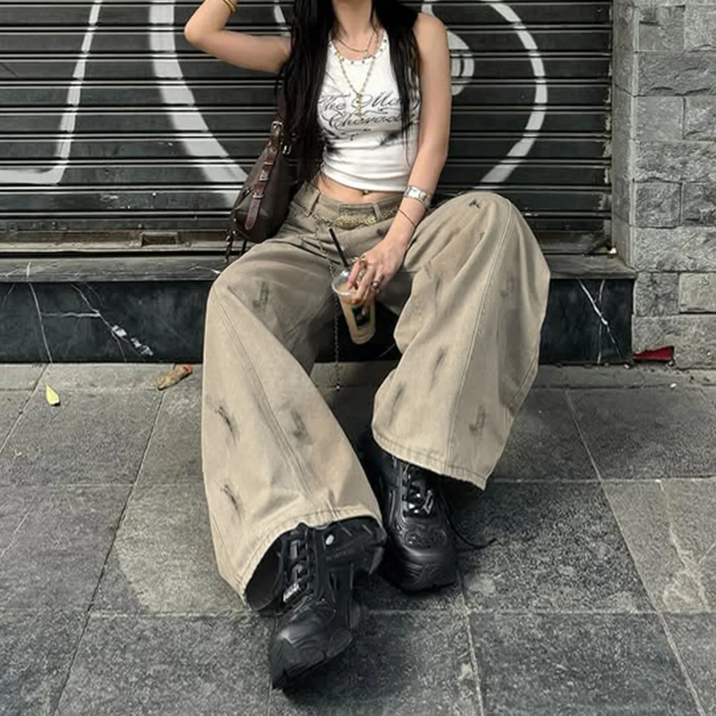 

2025 Autumn New American High Street Retro Washed Jeans Street Casual Straight Wide-leg Mopping Trousers