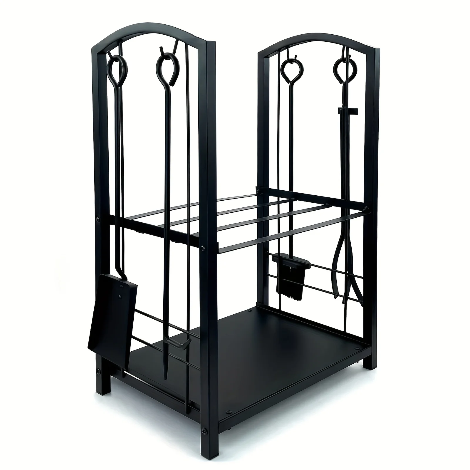 Heavy-Duty Wrought-Iron Firewood Storage Rack with Four Essential Tools for Fireplaces Indoor Home Garden Accessory