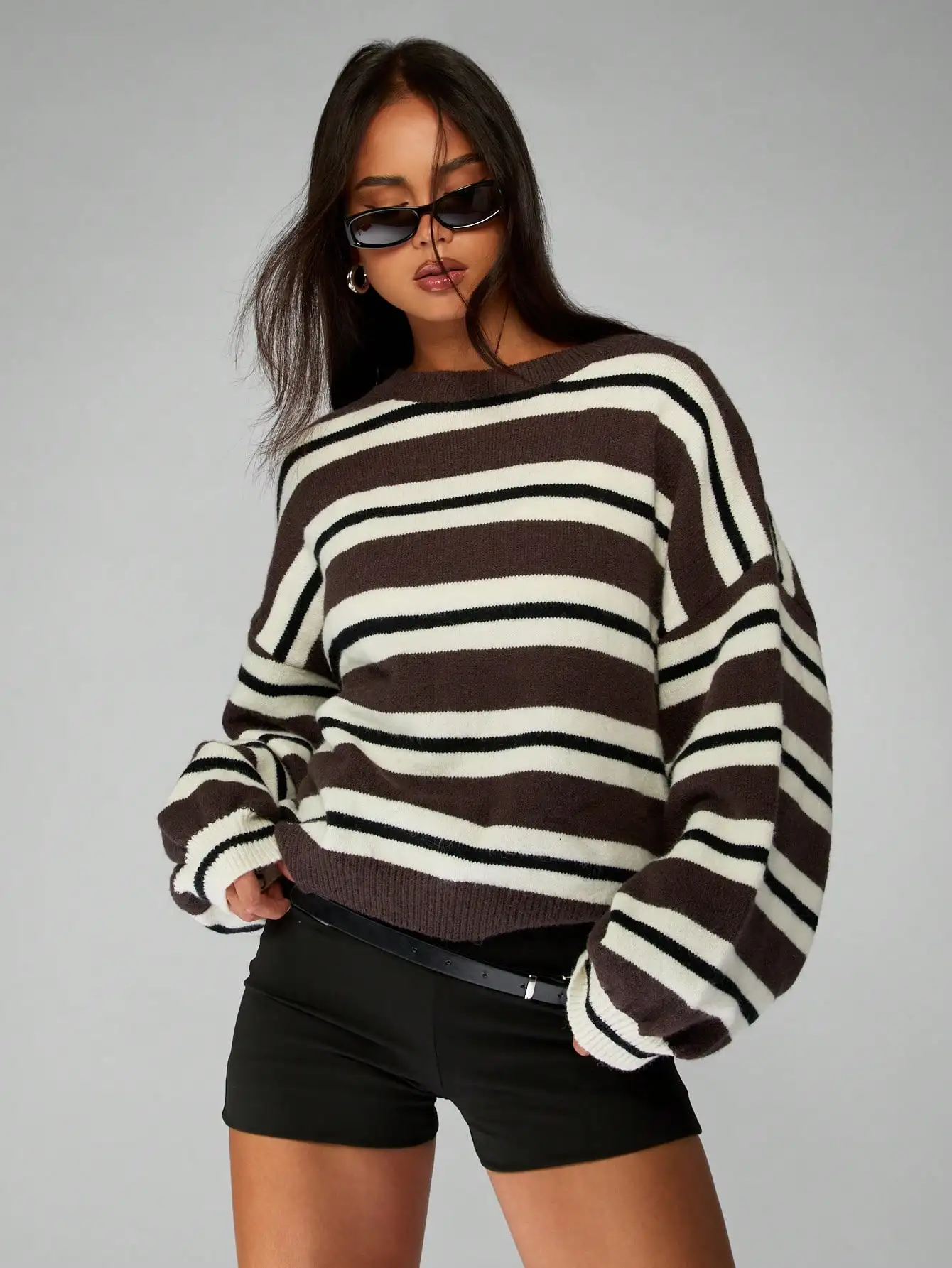 

Oversized Striped Knit Pullover with Balloon Sleeves, Crew Neck, Brown White Pattern