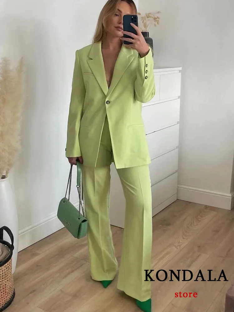 KONDALA Office Lady Solid Green Blazer Women Long Sleeve V Neck Single Button Fashion 2022 Jackets Elegant Outwears