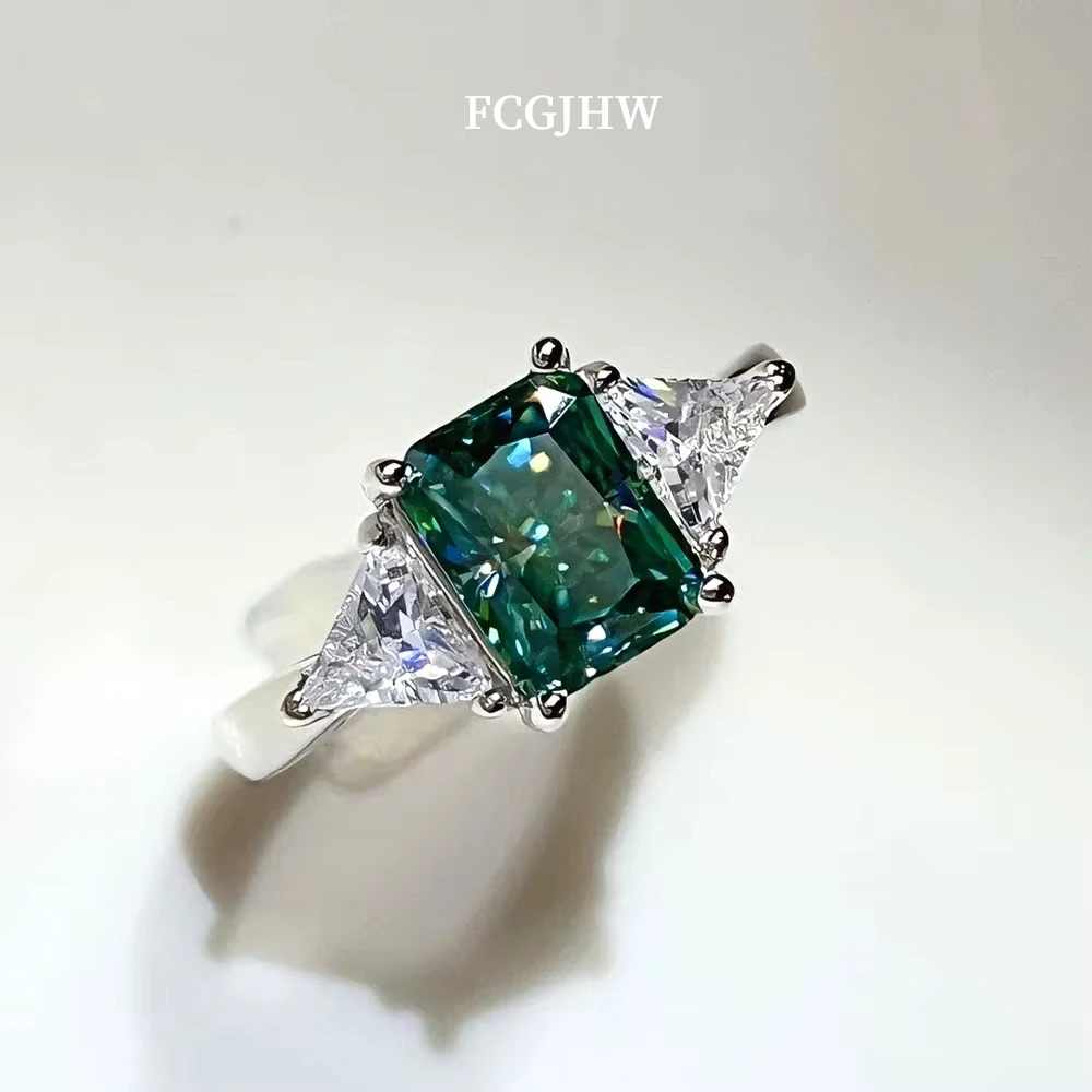 FCGJHW 3-Stone 2CT Radiant Green Moissanite Rings S925 Silver For Women Triangle Diamond Wedding Band Jewelry GRA 2026