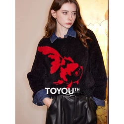 TOYOUTH Women Knitted Sweater 2024 Autumn and Winter New Koi New Chinese Style Long Sleeve Round Neck Pullover Tops