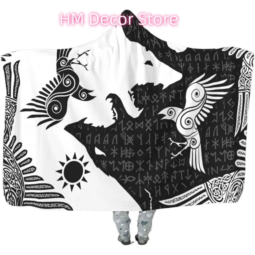 Viking Hooded Blanket Cape Norse Myth Fenrir Wolf and Raven Pattern Wearable Blanket Warm Cozy Hooded Cloak 3D Printed Throw Bla