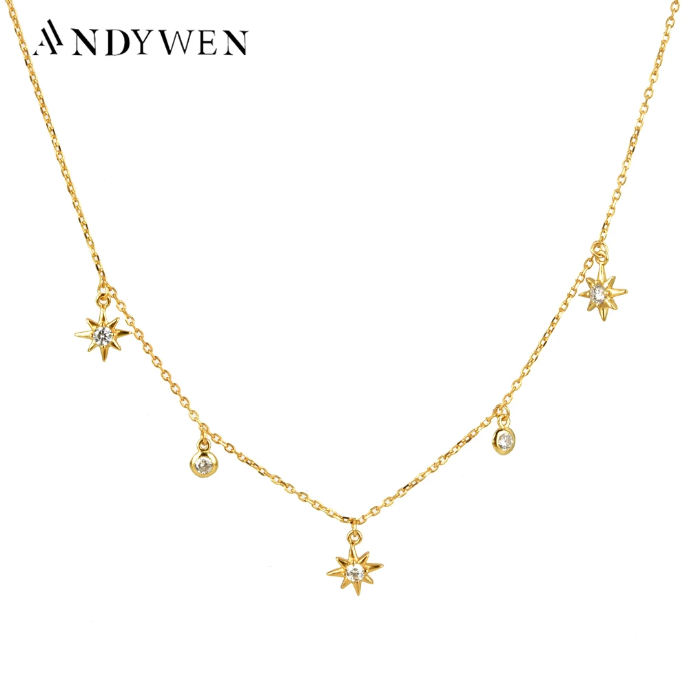 ANDYWEN 925 Sterling Silver Gold Zircon CZ Chain Flower Star Chains Choker Necklace 2020 Luxury Mini Charm Crystal Jewelry