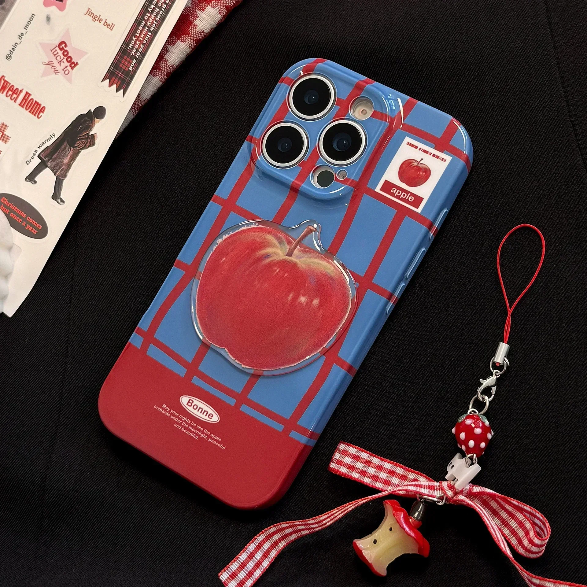 Korean Plaid 3D Red Apple Phone Case With Chain For iPhone 17 Air 16 15 14 13 12 11 Pro Max XS XR X 8 Plus Shockproof Hard Cover view 5