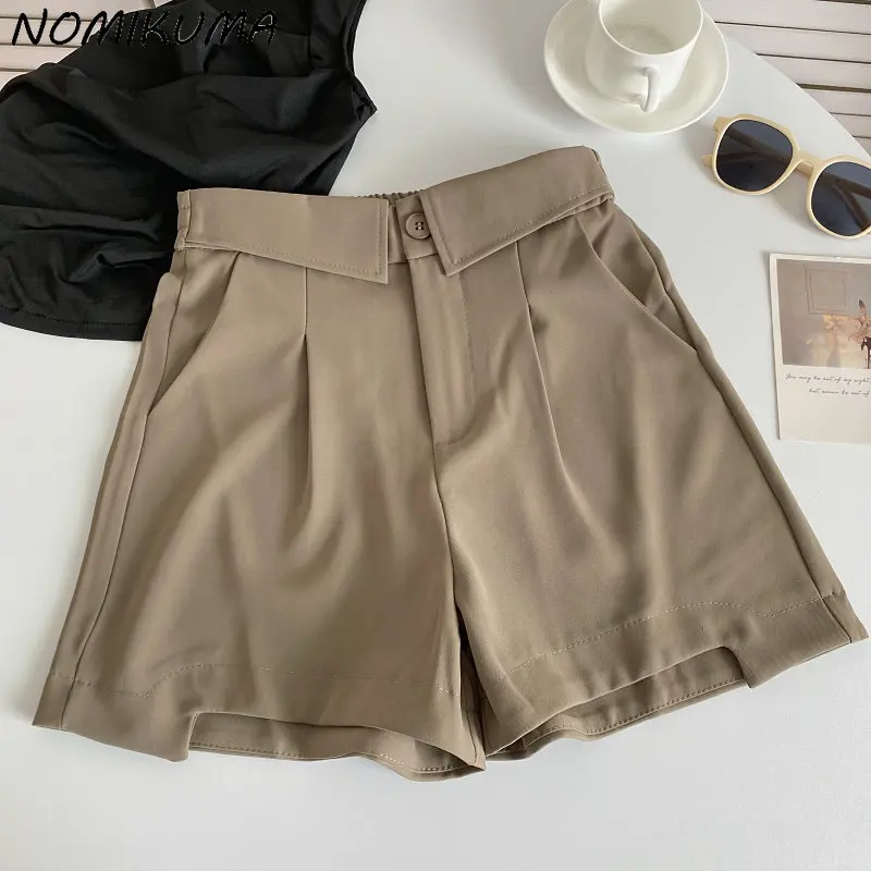 Nomikuma Summer Fashion Folds High Waist Suit Shorts Women 2023 New Korean Bottoms Causal Solid Elegant Wide Leg Shrot Feminimos