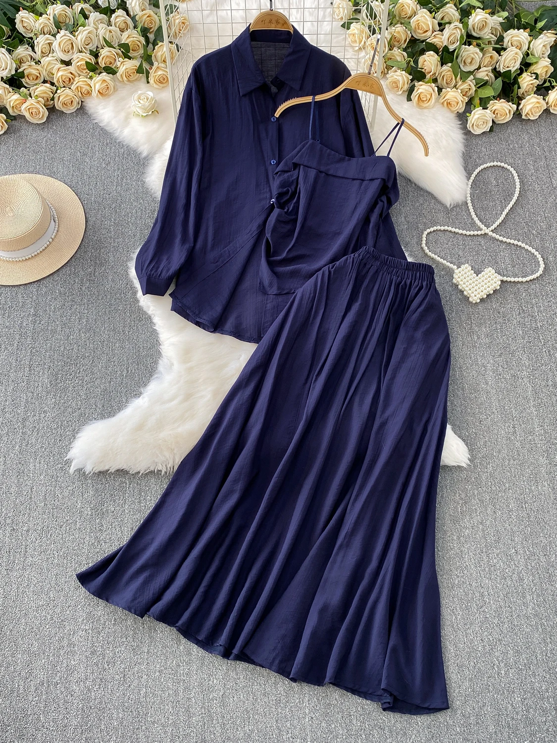 Korean Sle Long Sve Sun Protection irt + Pleated Slimming Underwear + High Waist  Skirt Tee-Piece Set Women's Fa...