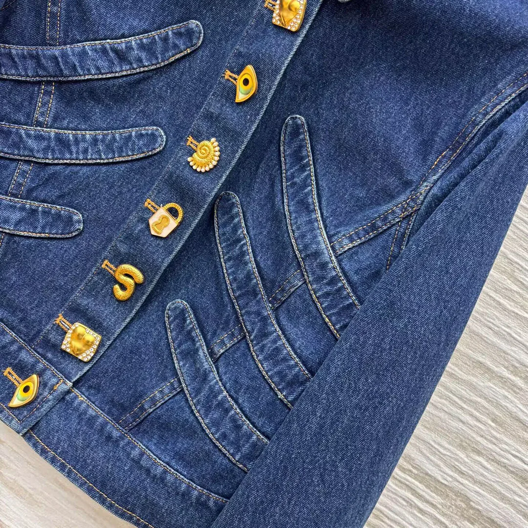 2025 New Autumn High Quality Slim Fit Short Design Blue Denim Jacket Women Lapel Gold Buttons Long Sleeve Patchwork Vintage Coat