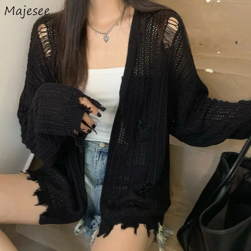 

Hollow Out Cardigans Women Loose Distressed Fashion Black All-match Spring Cozy Long-sleeve Baggy Korean Style Casual Streetwear