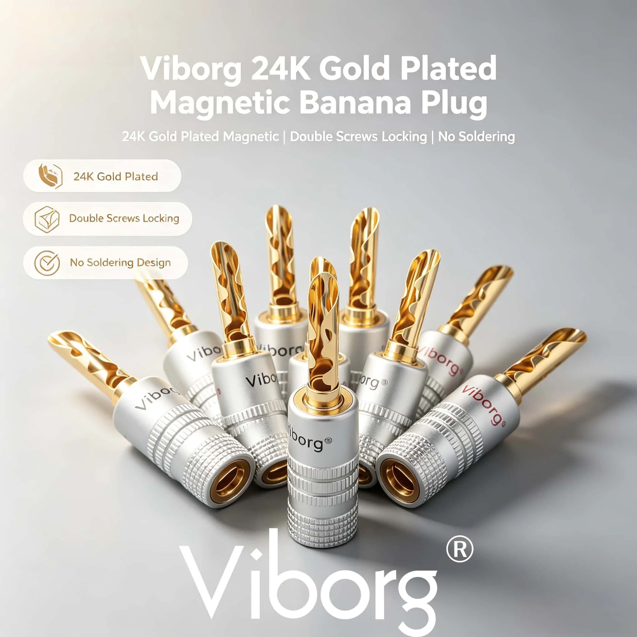Viborg Magnetischer 24K vergoldeter BFA Bananenstecker 4mm ohne Löten, Doppelverriegelung, Lautsprecheranschluss für HIFI-Verstärker, DIY-Audiokabel