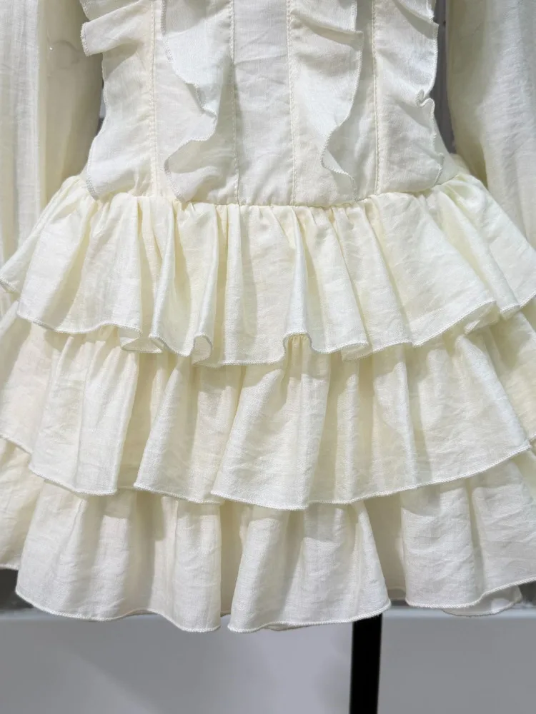 DFDG 2025 Vestido feminino com babados em camadas, elegante, gola redonda, manga comprida, cintura, casual, primavera, outono, curto, emagrecimento, vestido de férias