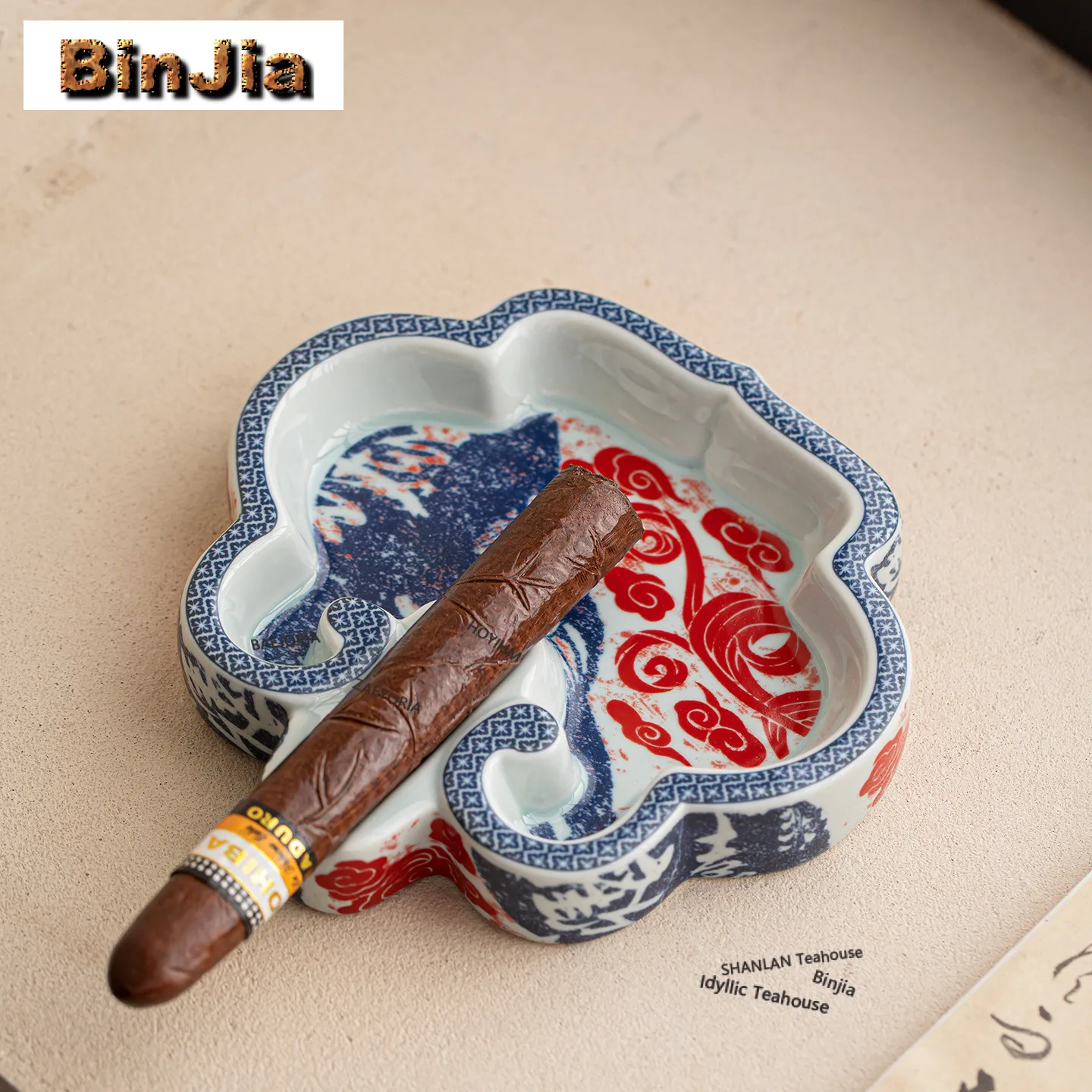 Blue-and-white Ruyi Ashtray Retro Puddle Gift For Boyfriend Ash Tray Household Weed Smoking Drinkware Accessories Collection