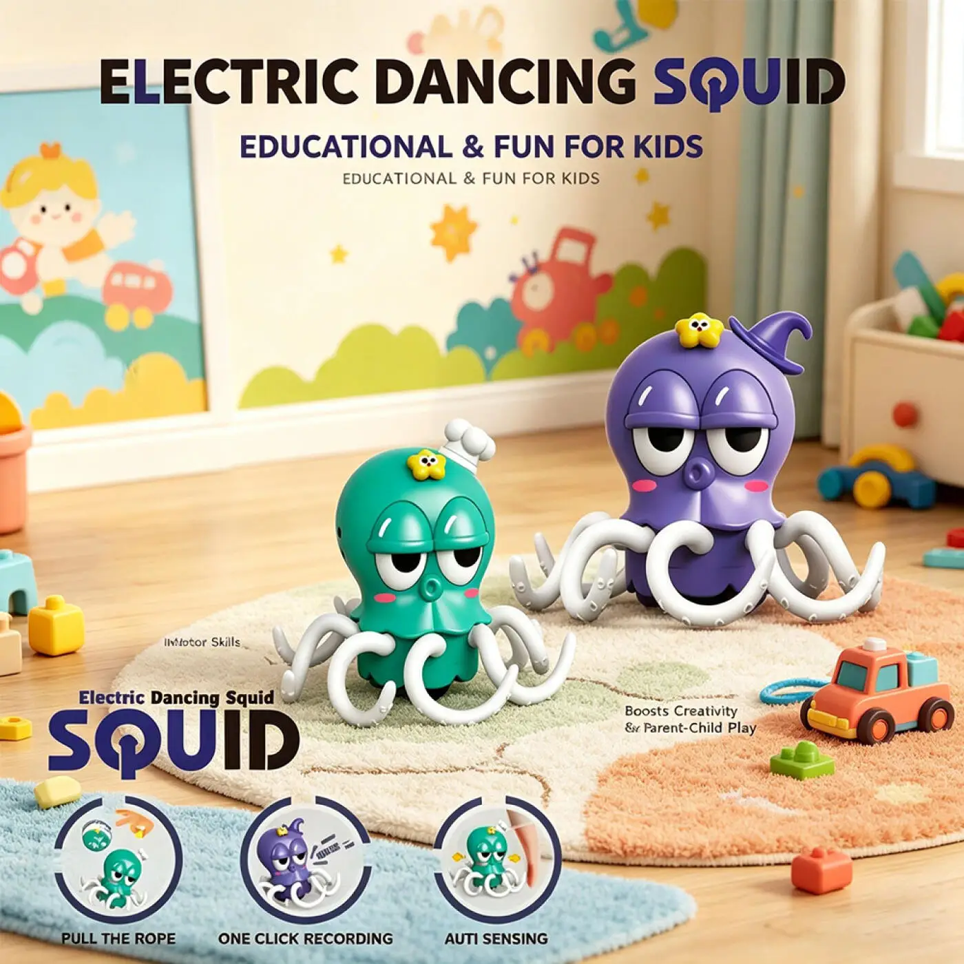 Children's Electric Magical Octopus Sensing Automatic Obstacle Avoidance with Light Dancing Singing Toys for Kids Boys Girls