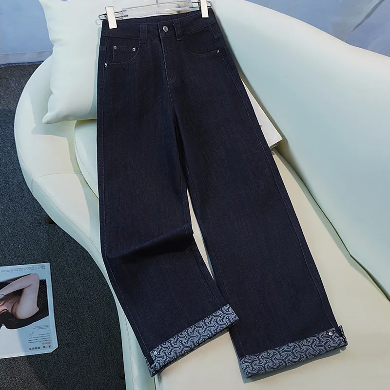 

Color-Block Cuffed Jeans for Women, Autumn Simple Commuter Rolled Hem Pants, Versatile Floor-Length Pants